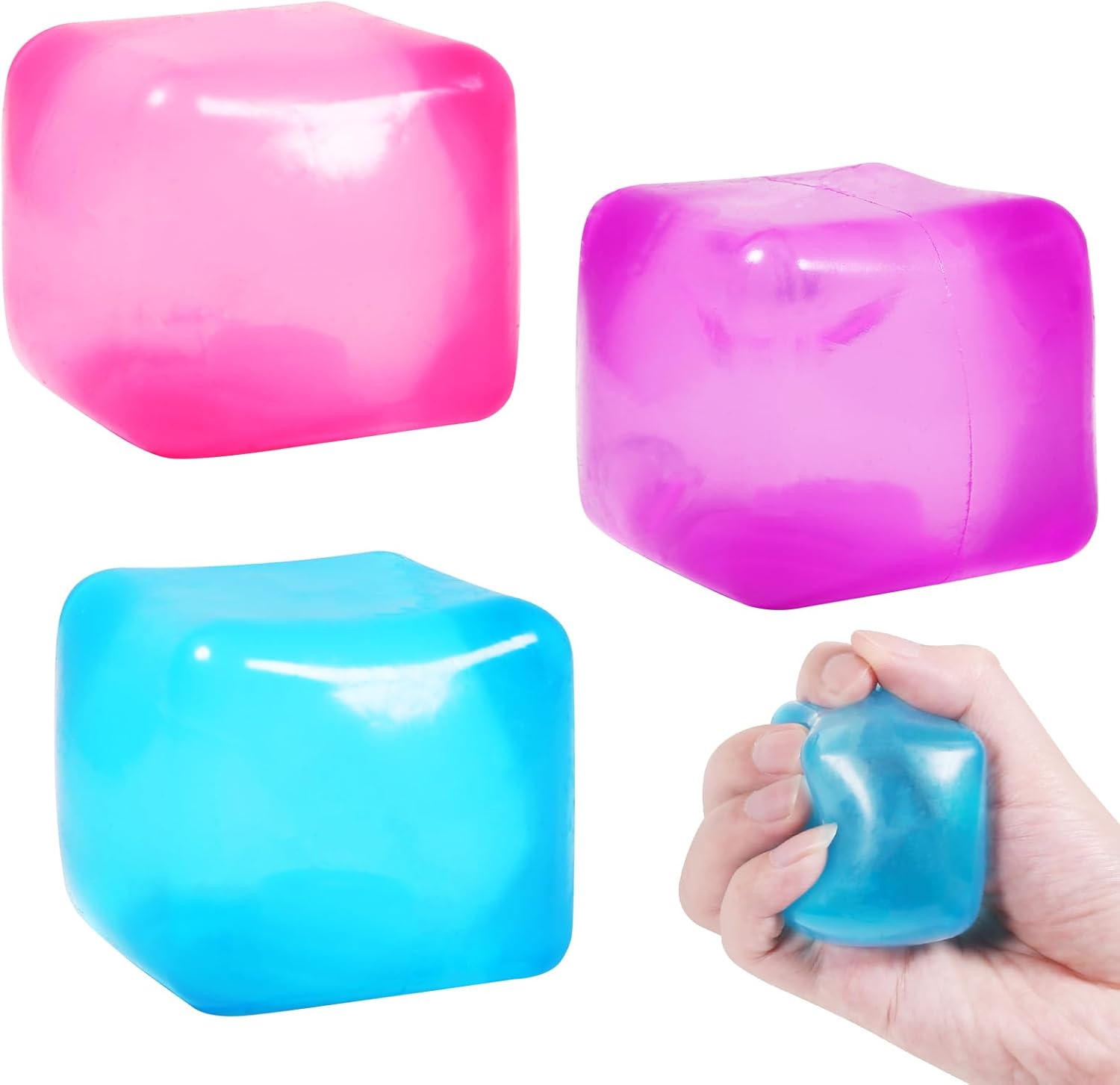 3pack Stress Cube Squishy Stress Balls for Adults Kids Fidget Toy for Your Best Mellow and Chill -Ice Cubes-Square Shape with Filling in Pink Purple Blue (3pcs Cube ) : Toys & Games
