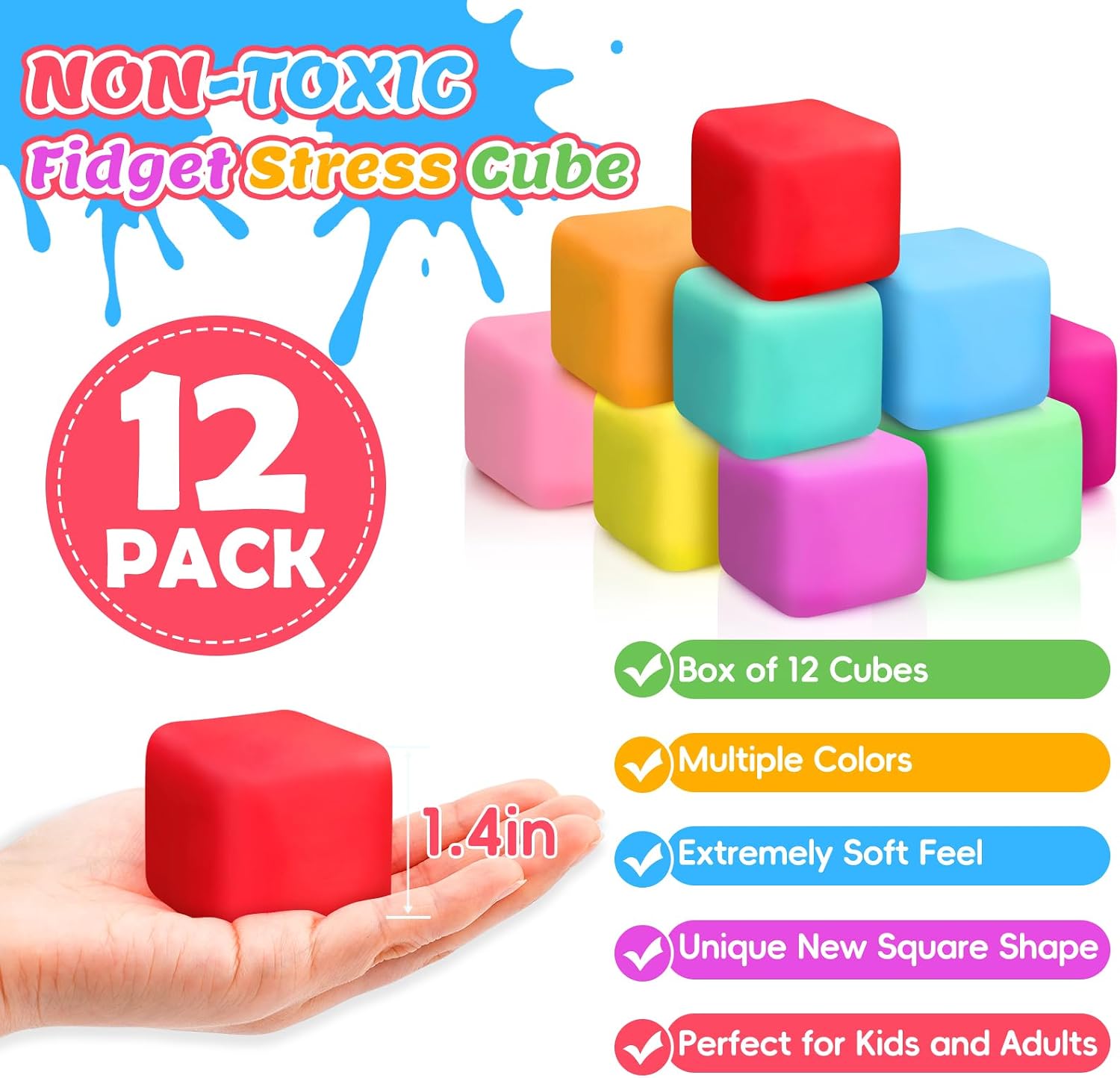 12 Pack Slow Rising Stress Cube. Dough Stress Balls Squishy Fidget Toys for Anxiety Relief. Soft Fidget Cube. Pull Stretch Squishy Toys for Classroom Prize. Party Favors for Kids Adults : Toys & Games - Image 2