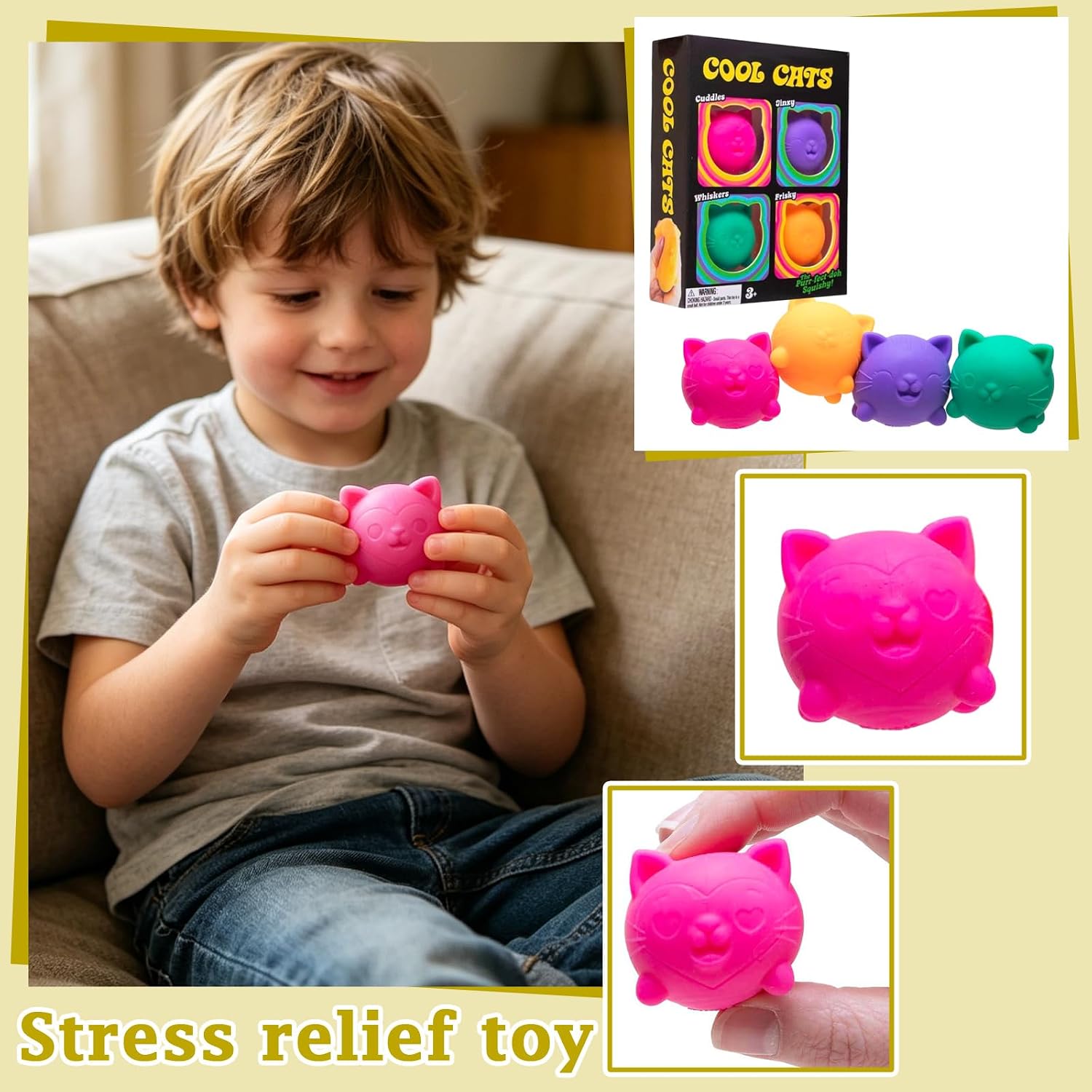 4PCS Cool Cats Squishy. Squeeze&Play Stress Relief Sensory Fidget Toys Stress Balls. Slow Rising Mini Cool Cat Squishy Portable Toys for Autism. ADHD. Party Favors Gifts (#01) : Toys & Games - Image 2
