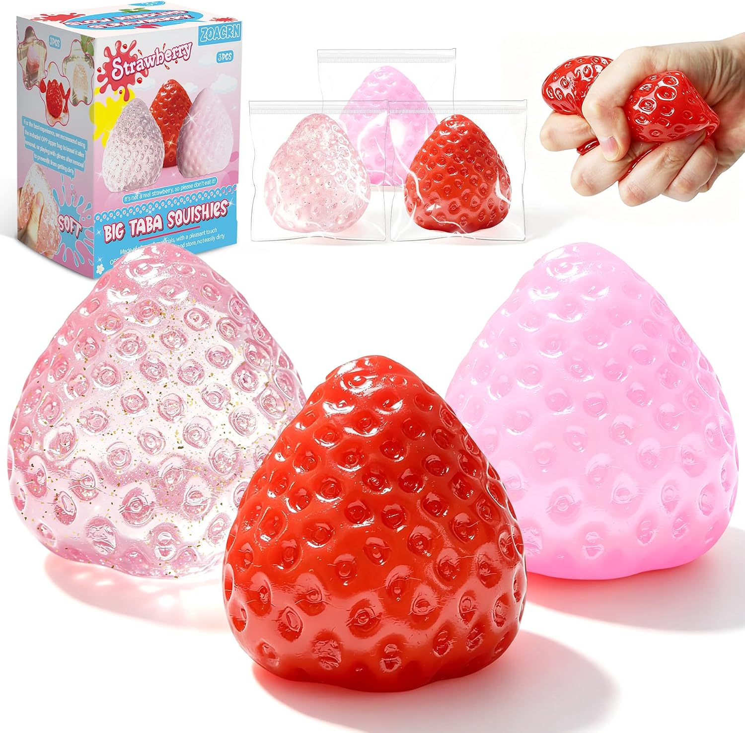 3Pcs Big Taba Squishies Strawberry. Cute Strawberry Squeeze Toys. Upgrade Fruit Squishies. Kawaii Sticky Stress Toy. Clear Fidget Toys. Valentines Gift for Kids. Teen Boys Girls Birthday Gift Ideas : Toys & Games